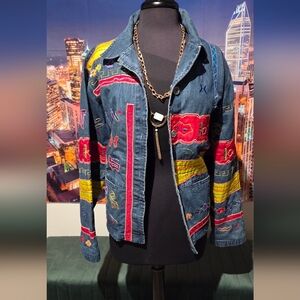 Chico's Embroidered Blue Denim Jacket with Red & Yellow Panels